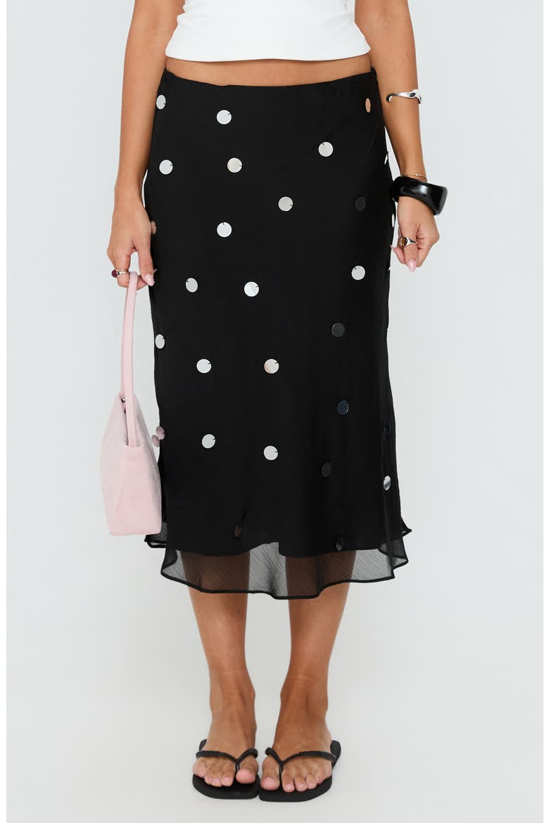 Kessiah Sequin Low Rise Midi Skirt, Main, color, BLACK