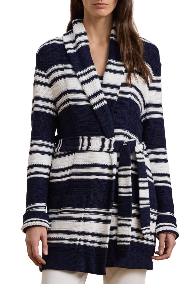 Stripe Belted Long Cardigan, Alternate, color, REFINED NAVY/ WHITE