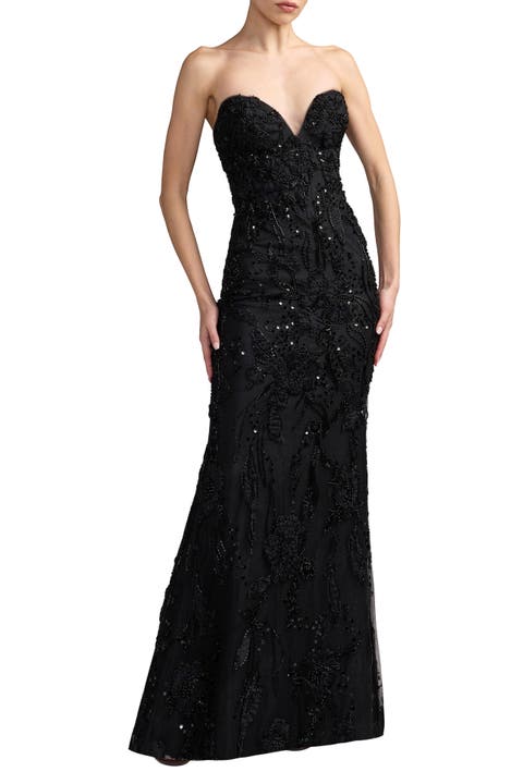 Floral Beaded Mesh Strapless Column Gown