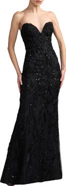 Mac Duggal Floral Beaded Mesh Strapless Column Gown