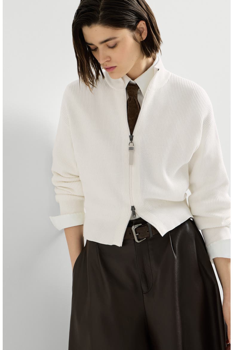 Cotton English rib cardigan with shiny zipper pull, Alternate, color, Panama