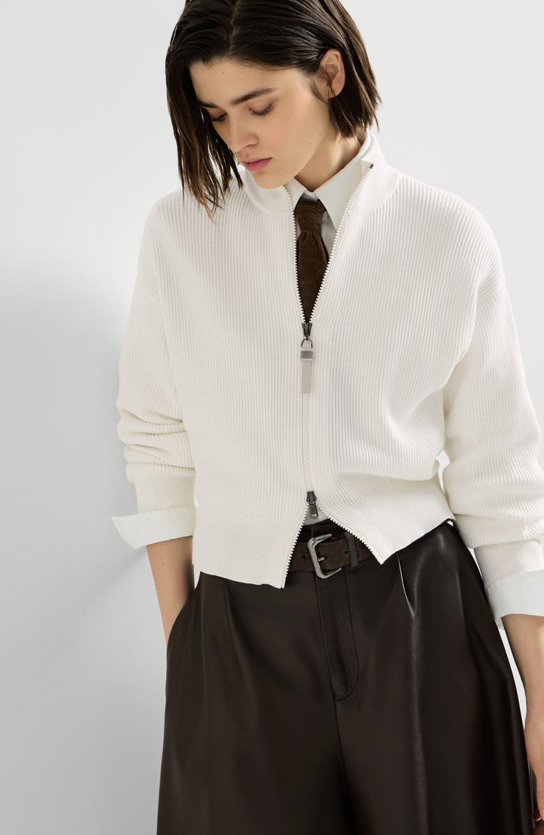 Brunello Cucinelli Cotton English rib cardigan with shiny zipper pull, Alternate, color,