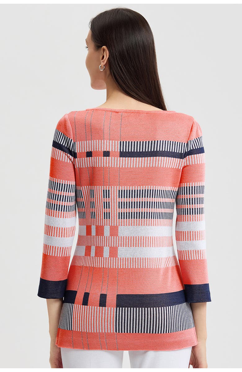 Ming Wang Classic Jacquard Colorblock Soft Knit Tunic, Alternate, color, Sunkist Coral/White/Indigo