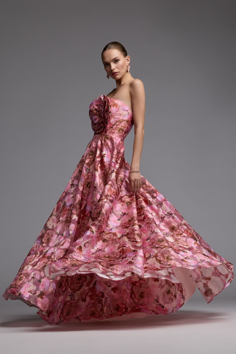 Strapless Floral Printed A-Line Gown With 3D Flower, Alternate, color, Rose Multi