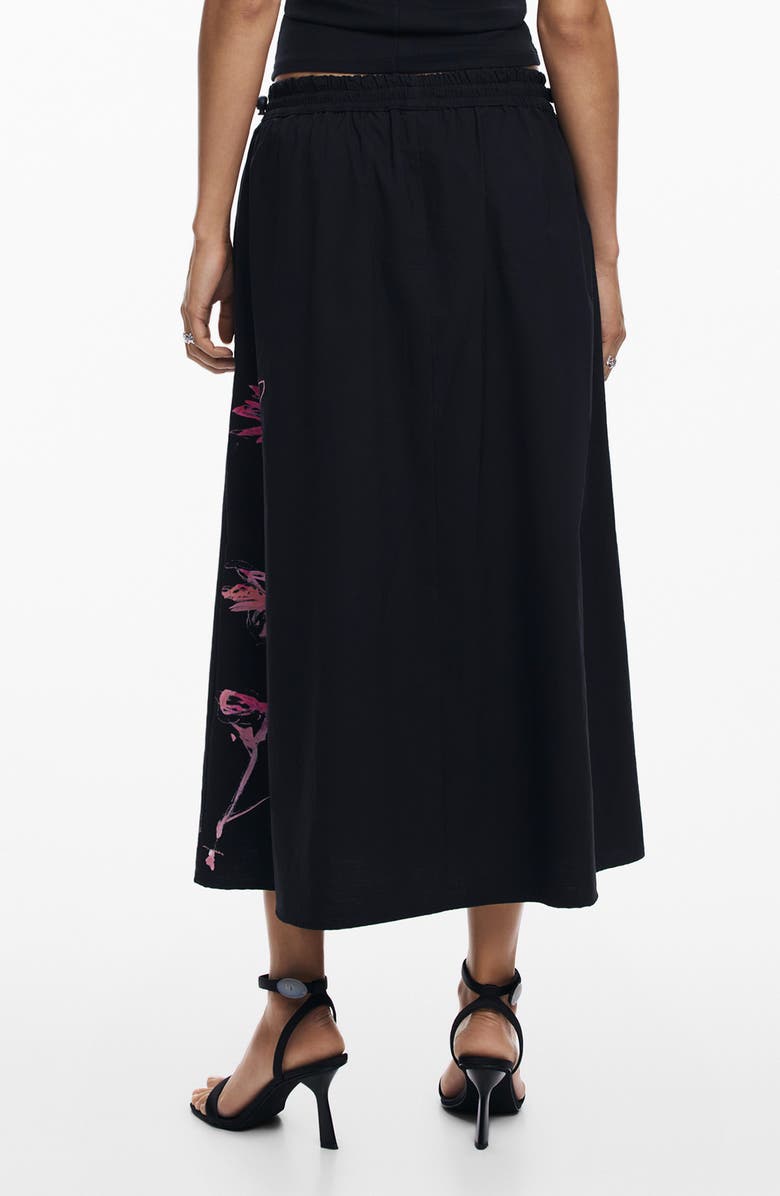 Desigual Orchid Print Cotton A-Line Skirt, Alternate, color, Black