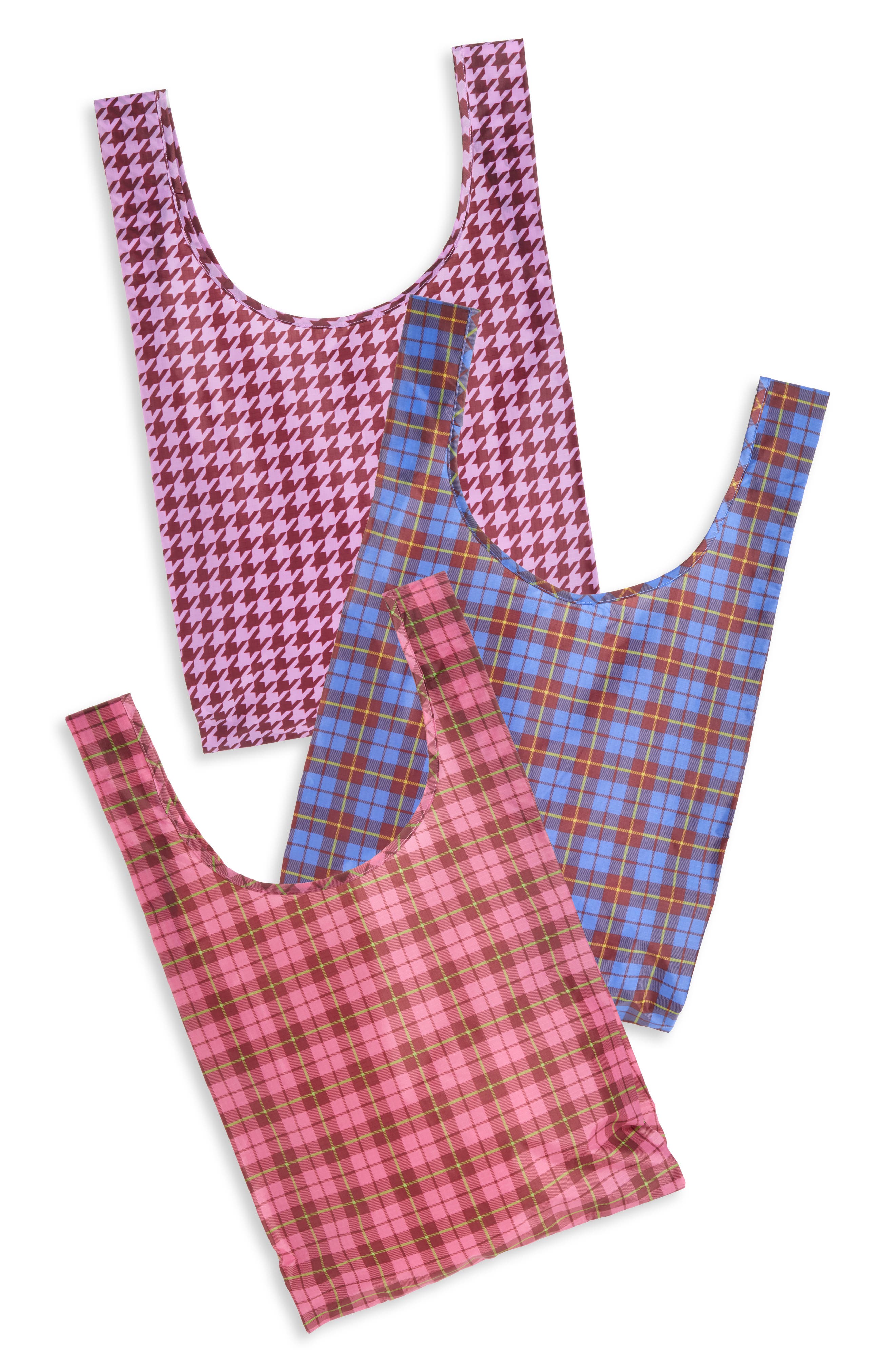 Set of 3 Standard Baggu Printed Recycled Nylon Totes, Main, color, CHECK MIX