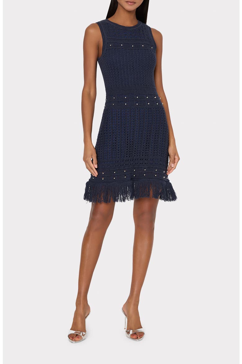Beaded Fringe Sleeveless Knit Minidress, Main, color, NAVY