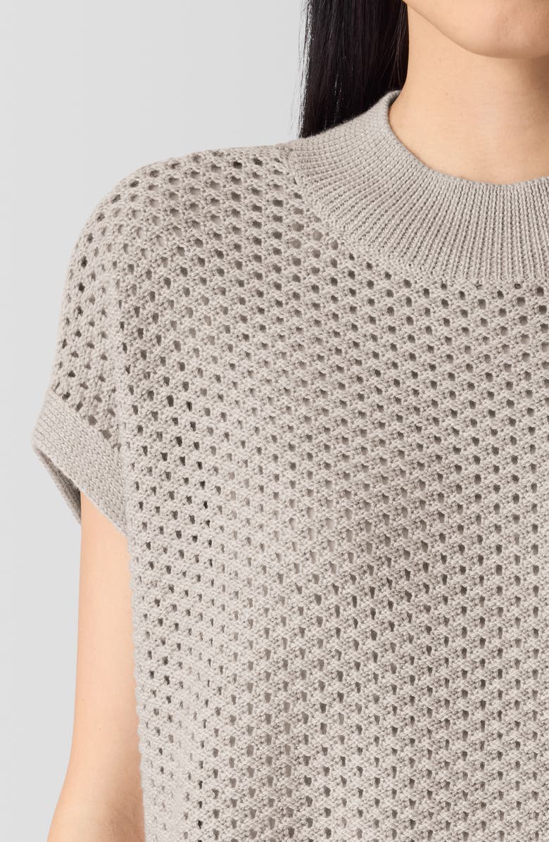 Eileen Fisher Open Stitch Mock Neck Short Sleeve Wool Sweater, Alternate, color, Dove