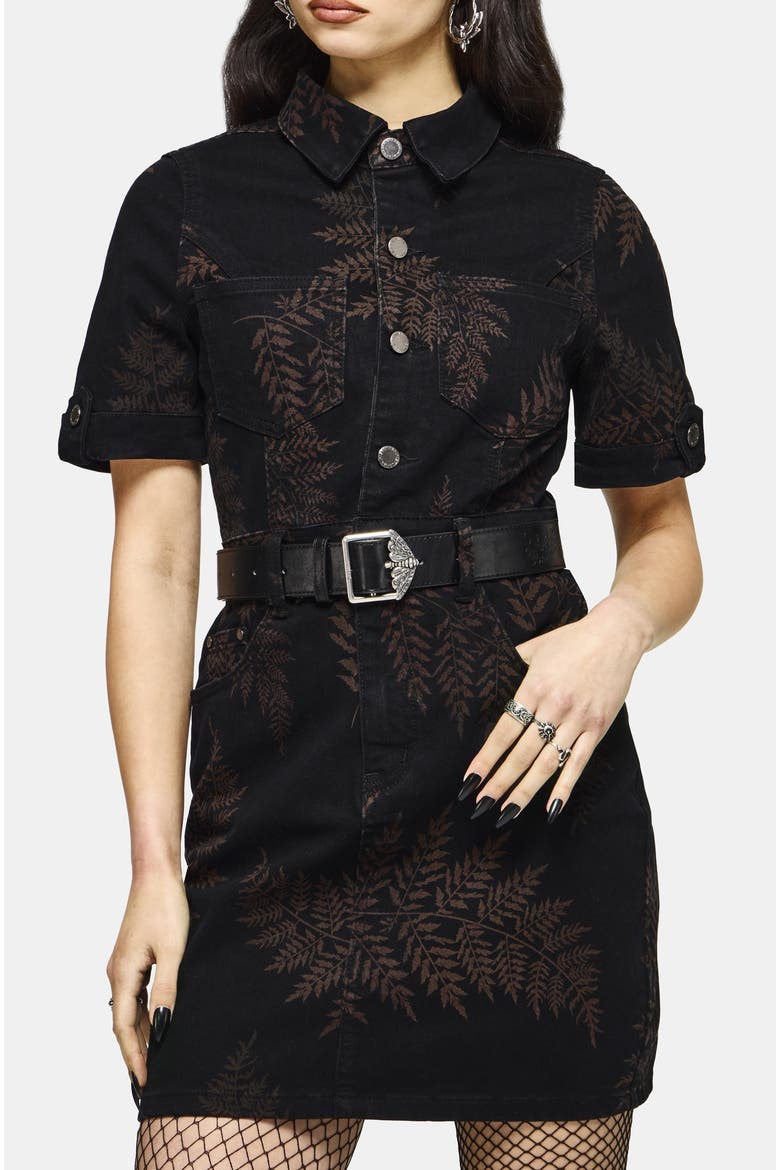 Ruin Fern Printed Denim Mini Shirt Dress, Main, color, Black