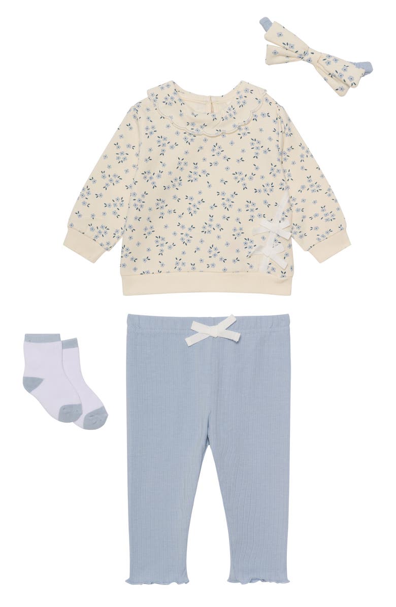 PL Baby by Petit Lem Long Sleeve Top, Leggings, Headband & Socks Set, Main, color, Light Blue Floral