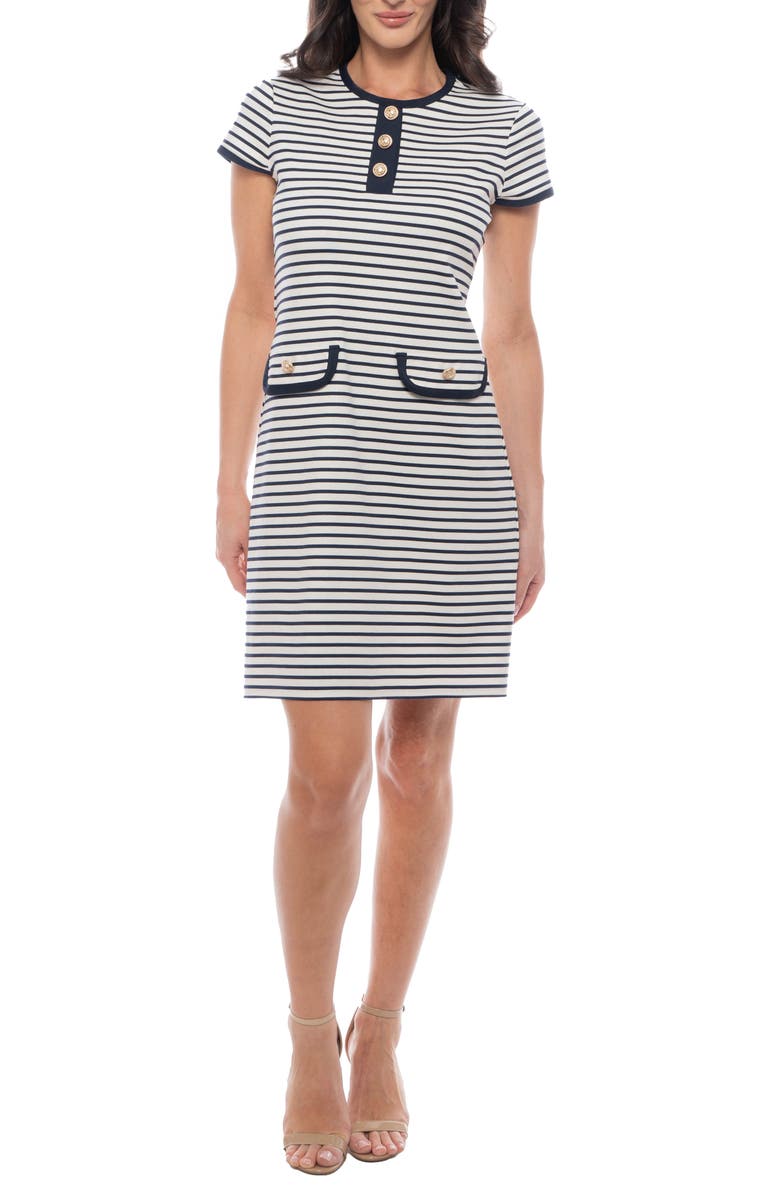 Isaac Mizrahi New York Striped Ponte Sheath Dress, Main, color, Navy / Ivory