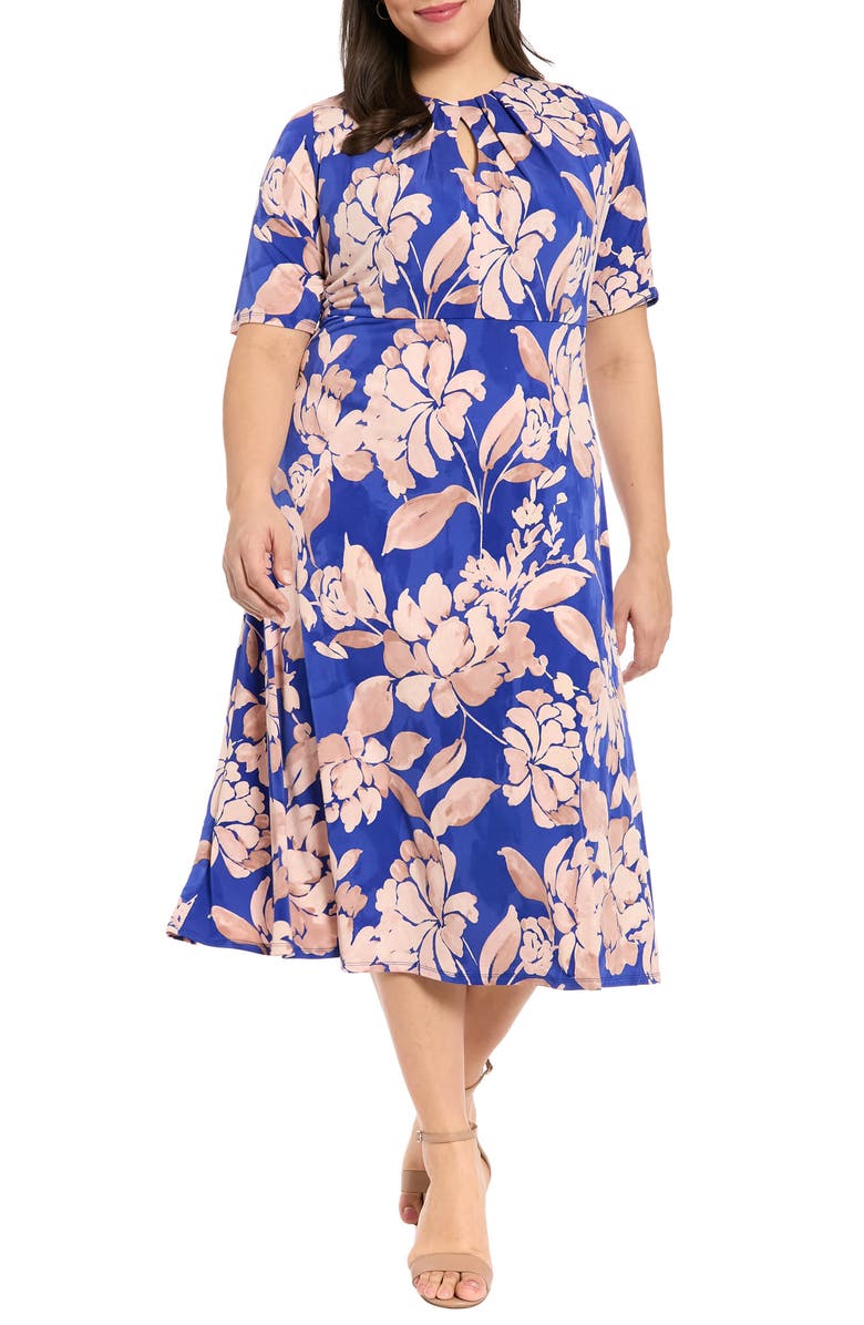 London Times Floral Print Keyhole Midi Dress, Main, color, Navy/ Tan