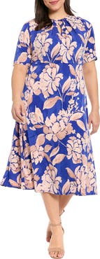 London Times Floral Print Keyhole Midi Dress
