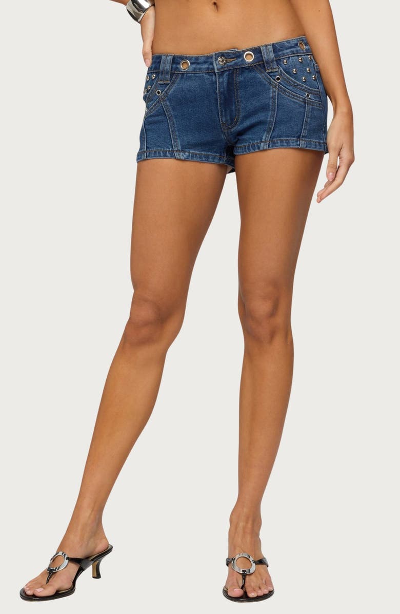 EDIKTED Danikah Stud Grommet Denim Shorts, Main, color, 