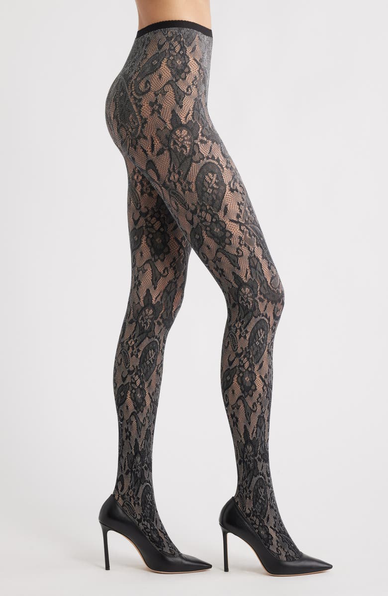 HIGH HEEL JUNGLE Fleur Lace Tights, Main, color, Black