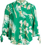 Anne Klein Palm Print Tie Cuff Crepe Top