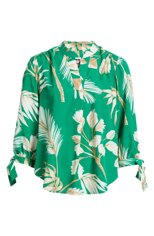 Anne Klein Palm Print Tie Cuff Crepe Top In Tropical Green Multi