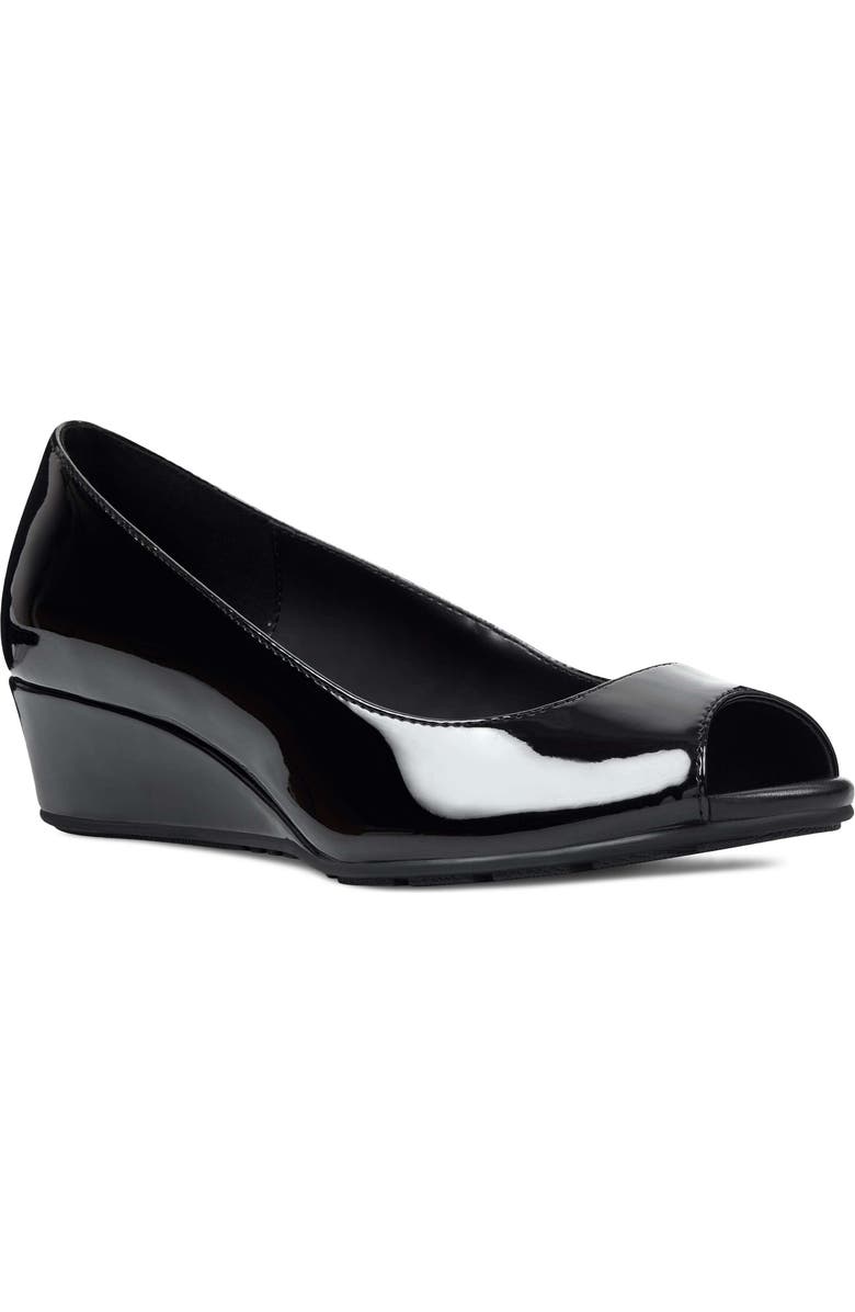 Bandolino Peep Toe Wedge Pump, Main, color, Black Faux Patent Leather
