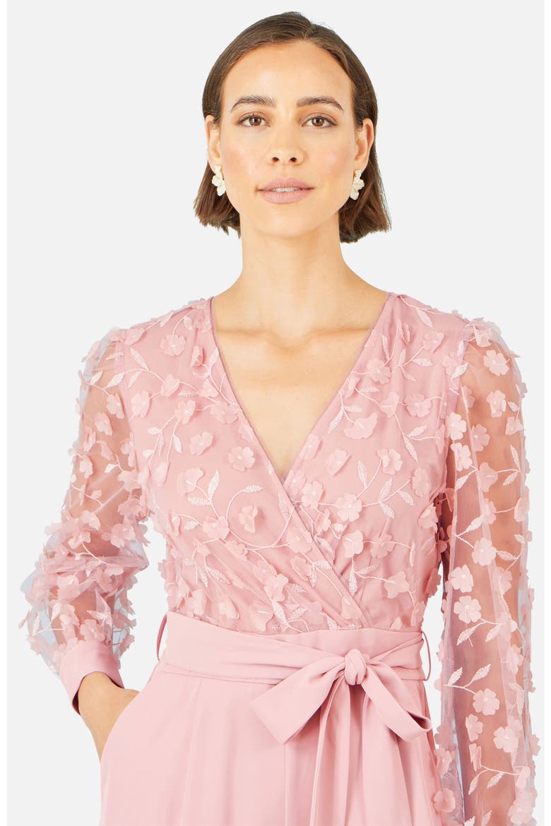 Sash Waist Floral Applique Wrap Jumpsuit, Alternate, color, Pink