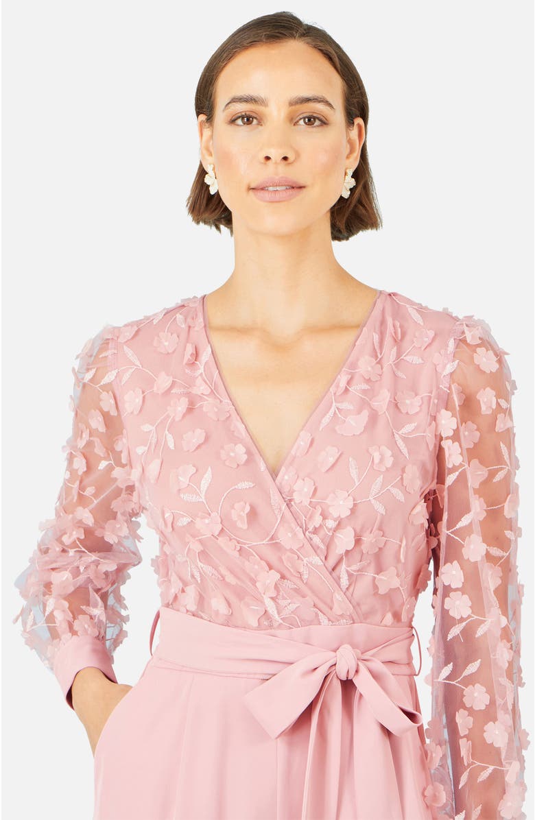 Yumi Sash Waist Floral Applique Wrap Jumpsuit, Alternate, color, Pink