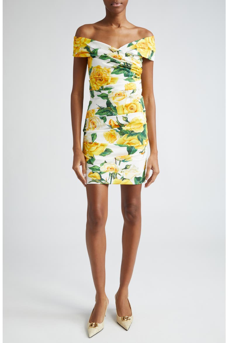Rose Print Off the Shoulder Stretch Cotton Minidress, Main, color, WHITE/ ROSES