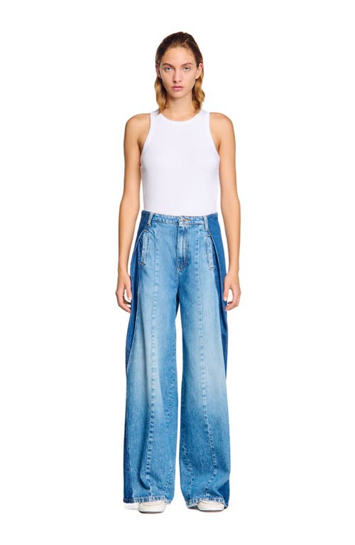 Sandro High Rise Contrast Panel Jeans In Blue Jean