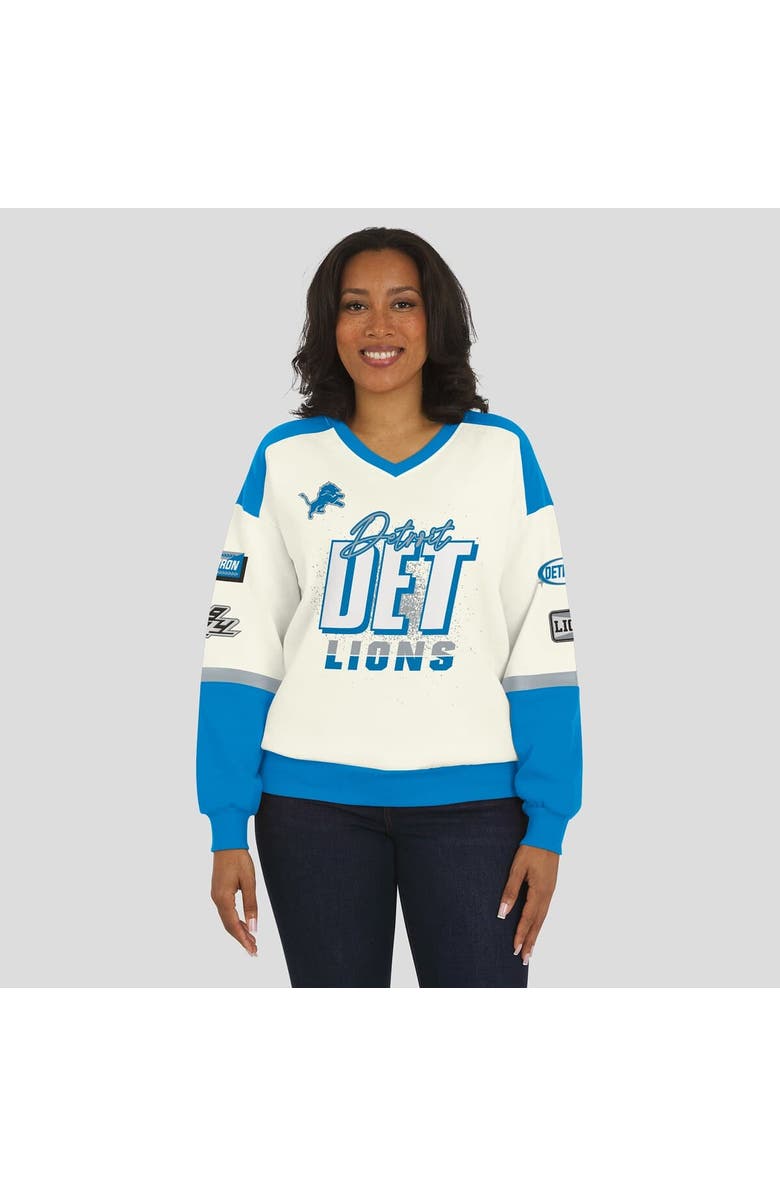WEAR by Erin Andrews Women's WEAR by Erin Andrews Cream Detroit Lions Racing Crew V-Neck Sweatshirt, Alternate, color,