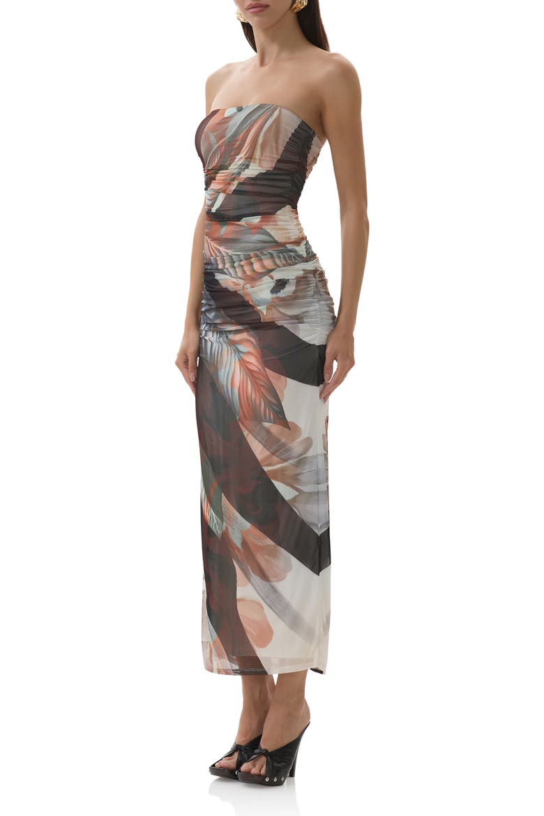 Marlo Ruched Strapless Mesh Body-Con Dress, Alternate, color, NOIR LEAF LOTUS