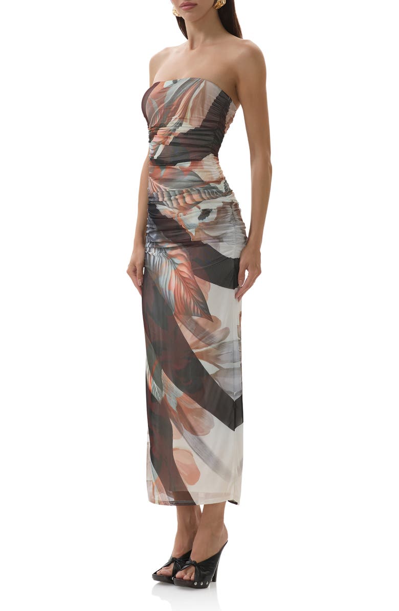 AFRM Marlo Ruched Strapless Mesh Body-Con Dress, Alternate, color, Noir Leaf Lotus