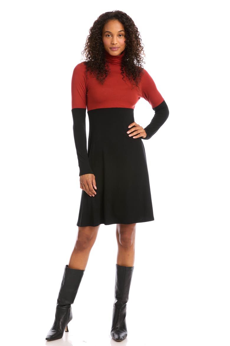 Colorblock Long Sleeve Turtleneck Jersey Dress, Alternate, color, BLACK WITH BRICK