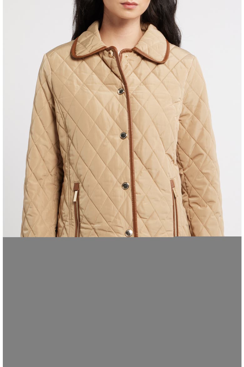 Faux Leather Trim Detail Quilted Jacket, Alternate, color, KHAKI