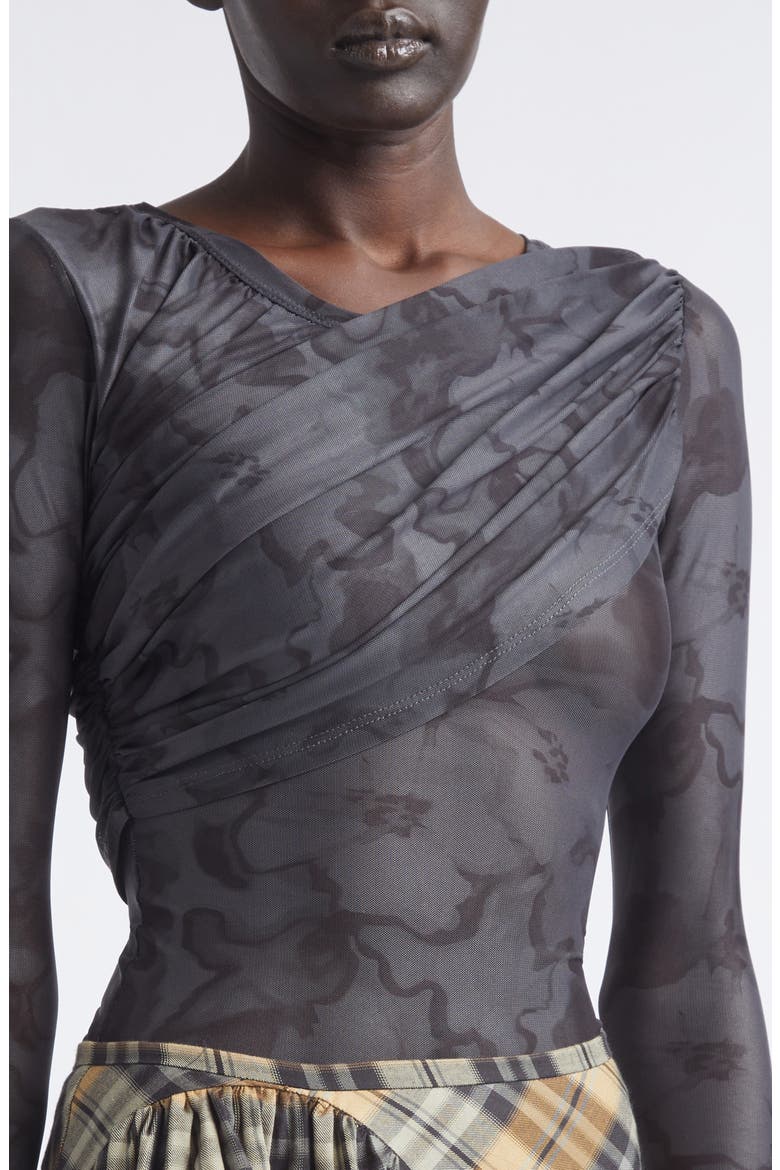 Cardio Wrapped Floral Scribble Mesh Top, Alternate, color, BLACK FLORAL SCRIBBLE