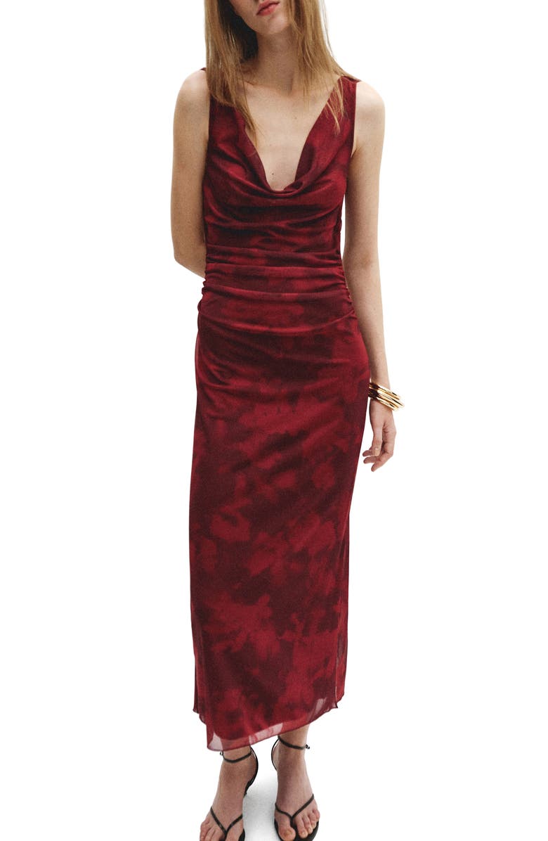 MANGO Ruched Sleeveless Dress, Main, color, Burgundy