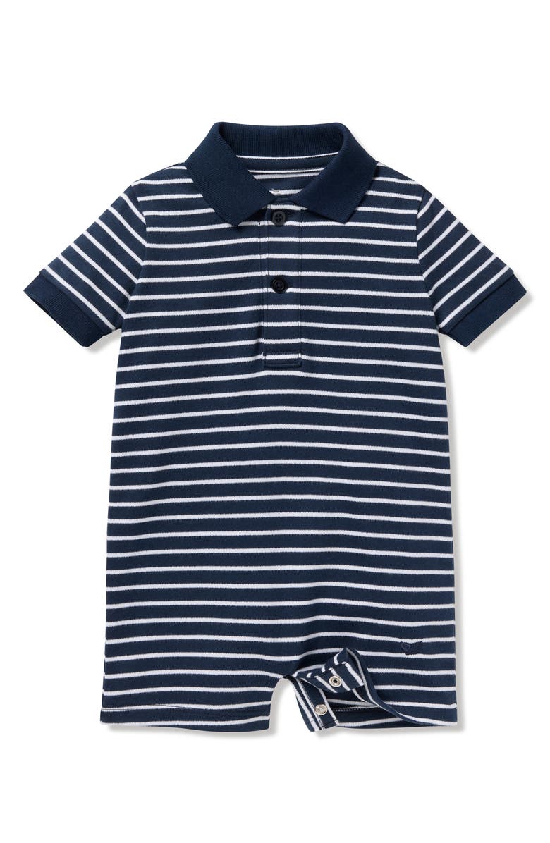 Petite Plume Stripe Pima Cotton Polo Romper, Main, color, Navy
