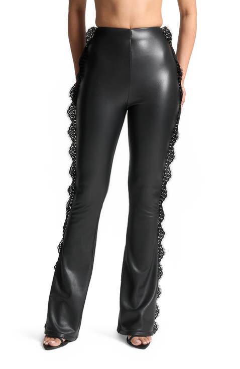 Lace Trim Leather Fit and Flare Leggings