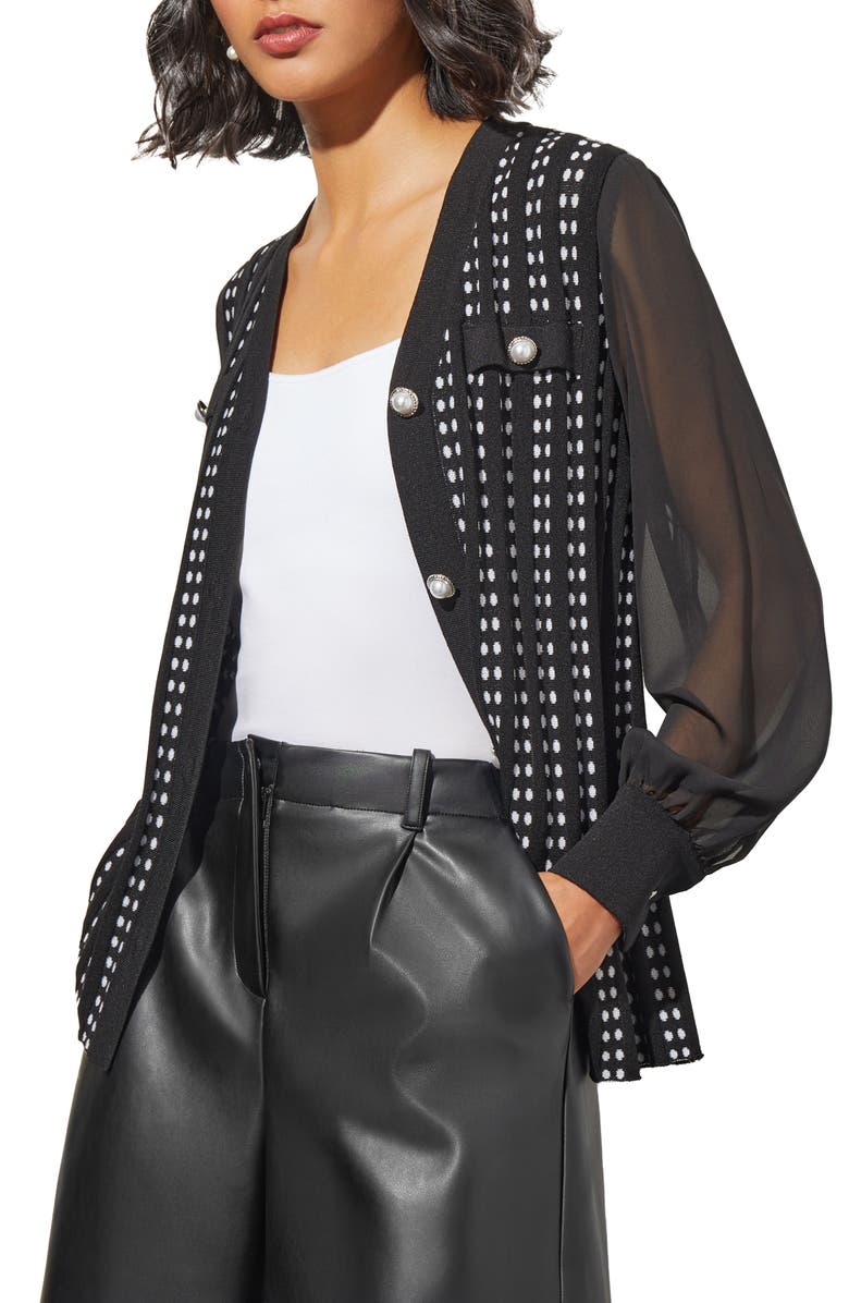 Ming Wang Mix Media Sheer Sleeve Tweed Cardigan, Alternate, color, 