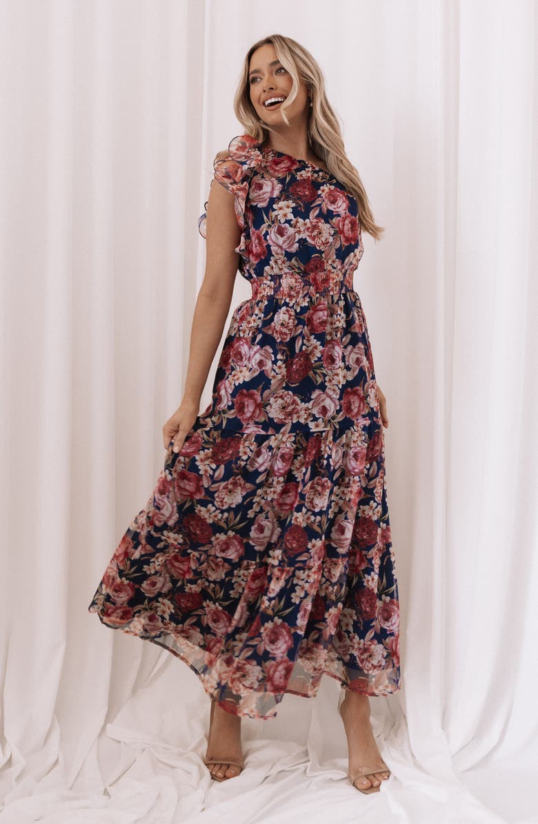 Petal & Pup Layley One-Shoulder Floral Chiffon Maxi Dress, Alternate, color, Navy Floral