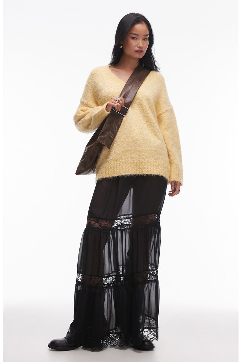 Tiered Sheer Lace Inset Maxi Skirt, Main, color, BLACK