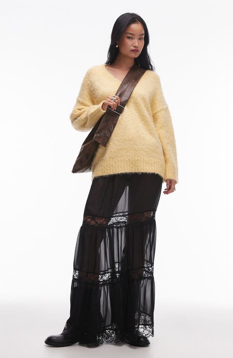 Tiered Sheer Lace Inset Maxi Skirt