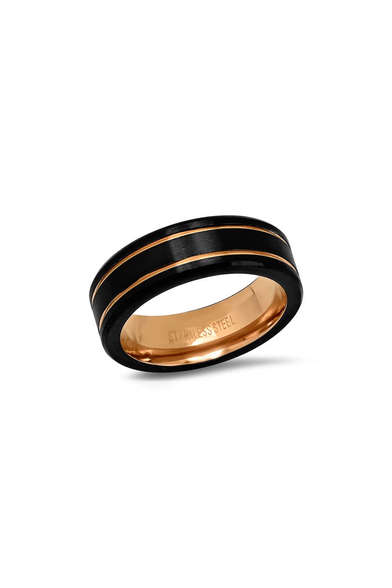 Men's Black Ion Plated and 18k Rose Gold Striped Ring, Main, color, GOLD