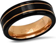STEELTIME Men's Black Ion Plated and 18k Rose Gold Striped Ring
