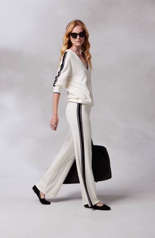 Shop Kashwere Apparel V Neck Track Sweater In Creme/black Stripe
