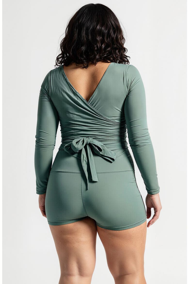 Plus Size Avery 2-Piece Long Sleeve Wrap Swim Set With Reversible Top and Tummy Control Shorts, Alternate, color, Sage Green