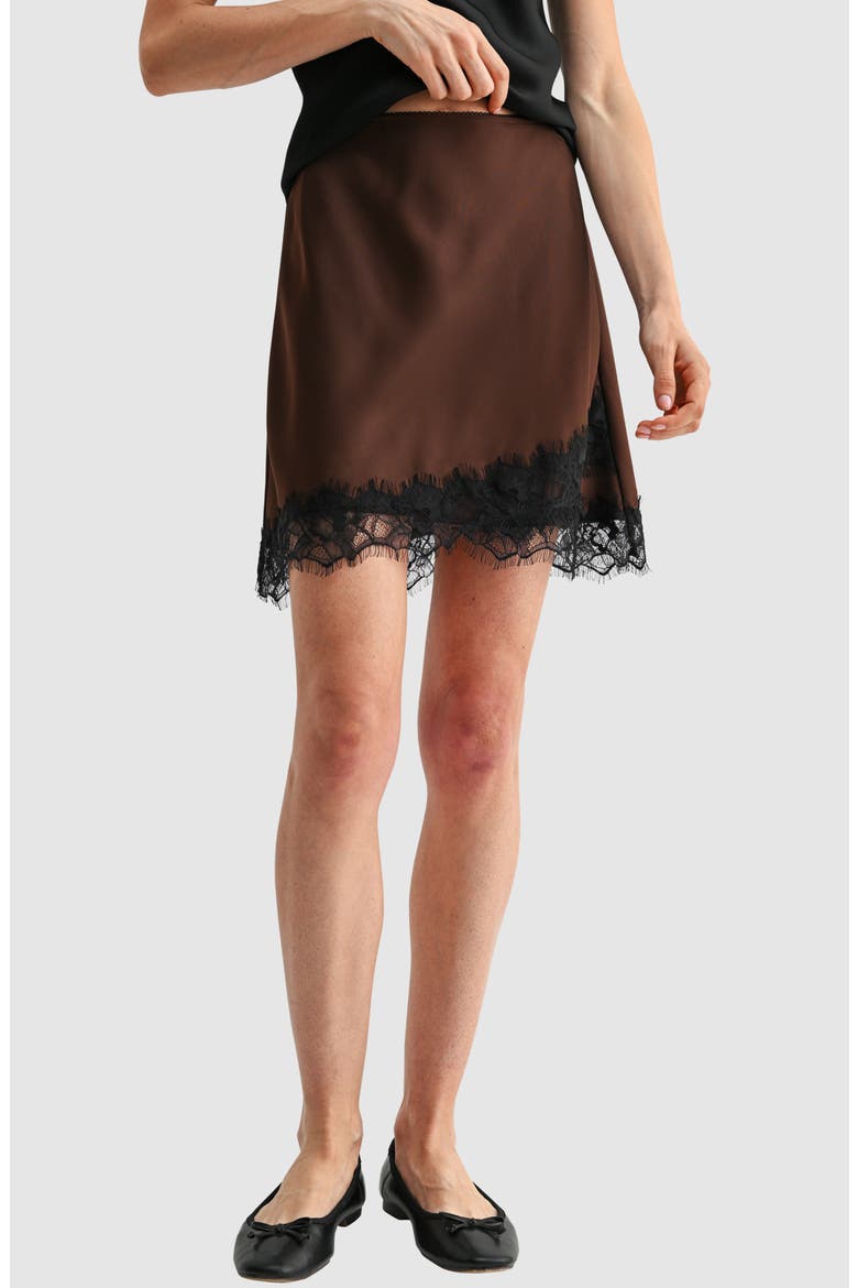 Lace Hem Miniskirt, Main, color, BROWN BLACK
