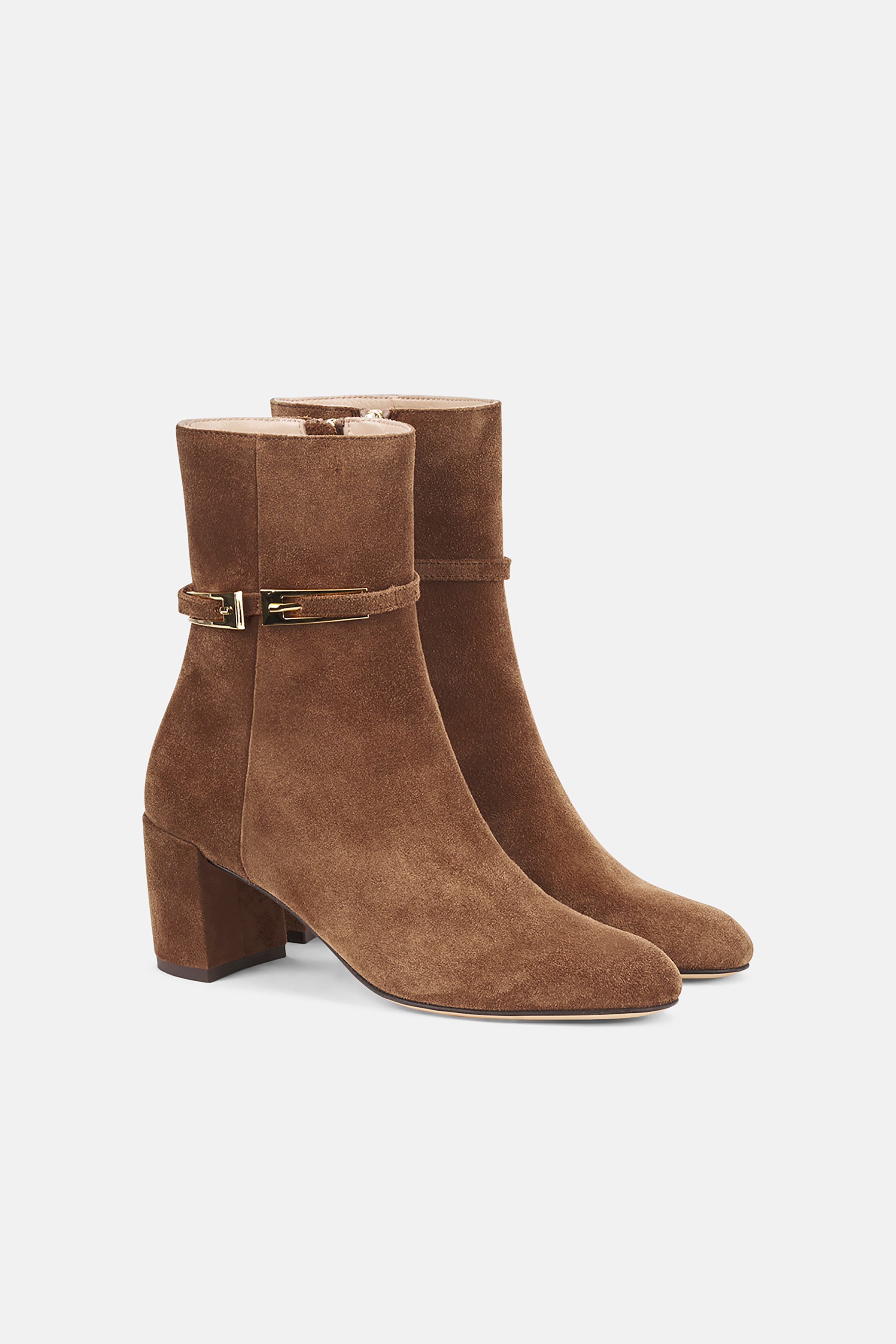 AGL Lynn Buckle Heeled Suede Bootie, Alternate, color, Light Brown