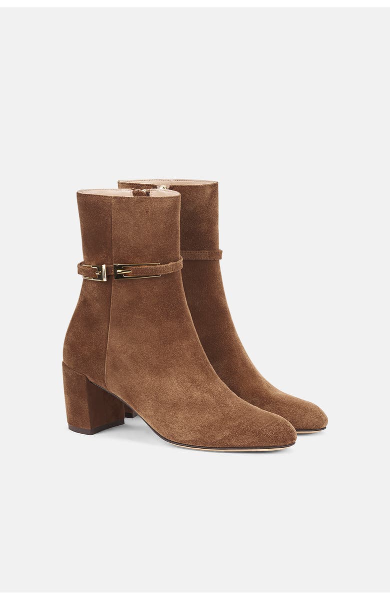 AGL Lynn Buckle Heeled Suede Bootie, Alternate, color, Light Brown