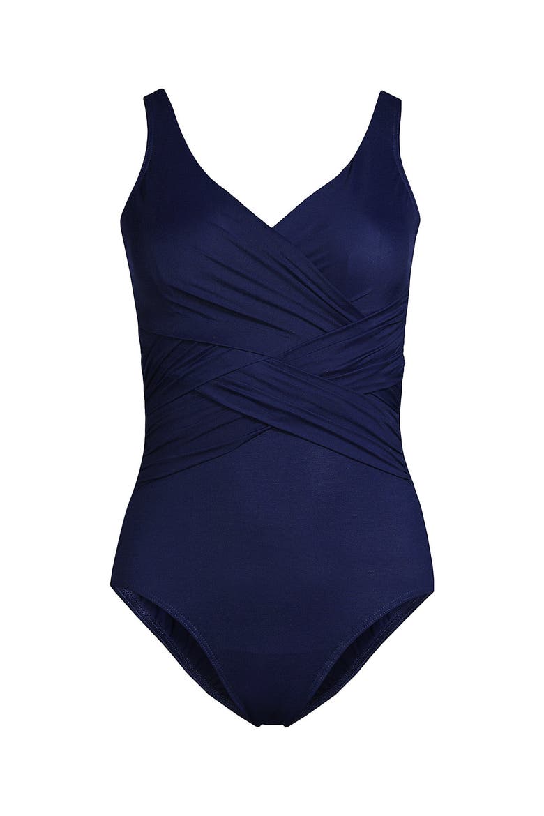 D-Cup Slender Tummy Control Chlorine Resistant V-neck Wrap One Piece Swimsuit, Alternate, color, Deep Sea Navy