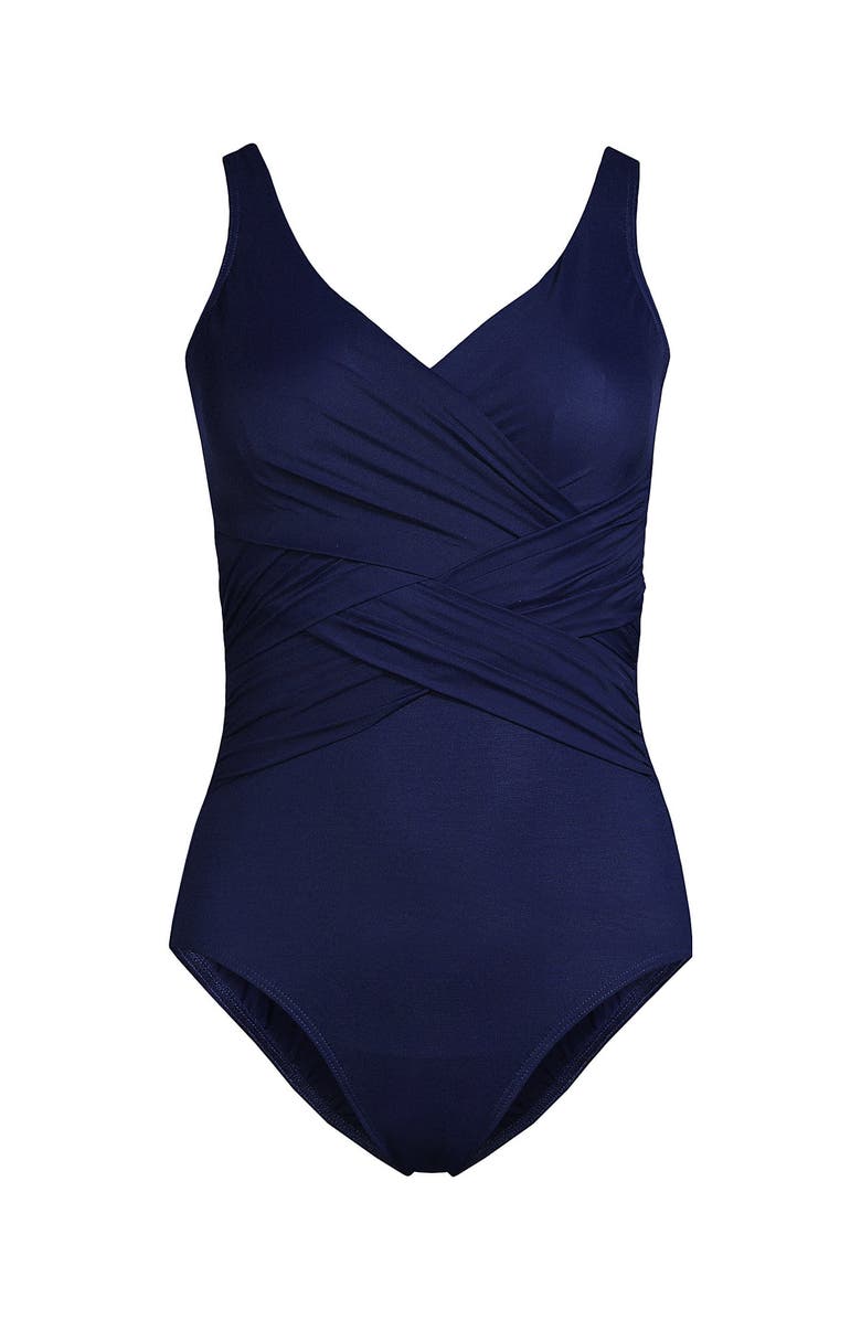Lands' End SlenderSuit Wrap One Piece Swimsuit, Alternate, color, Deep Sea Navy