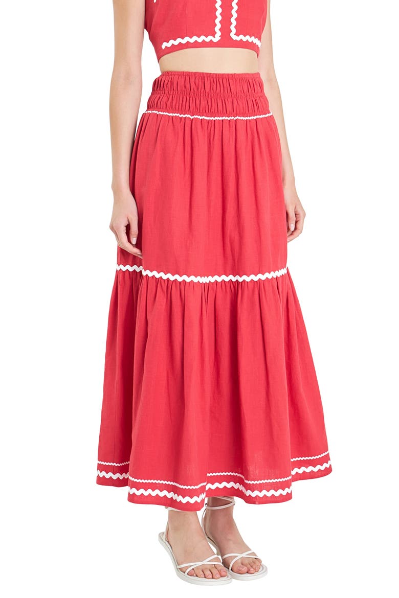 Rickrack Linen Blend Maxi Skirt, Alternate, color, RED