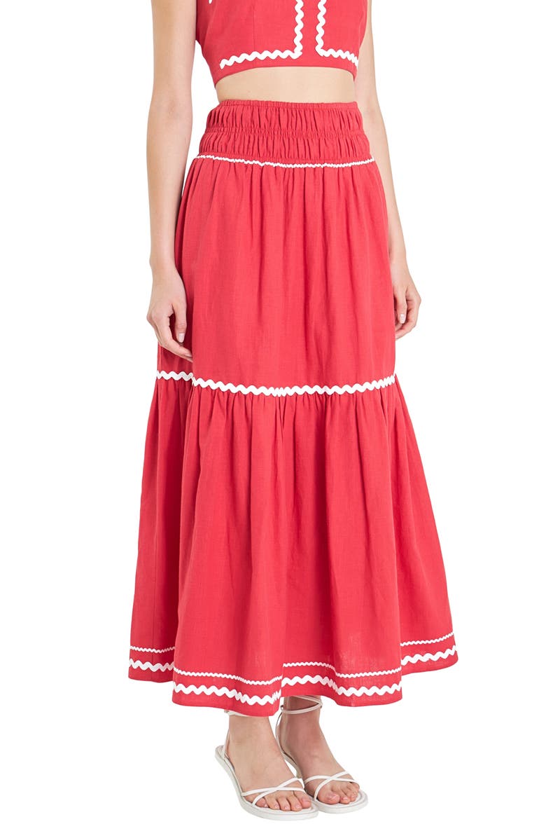 English Factory Rickrack Linen Blend Maxi Skirt, Alternate, color, Red